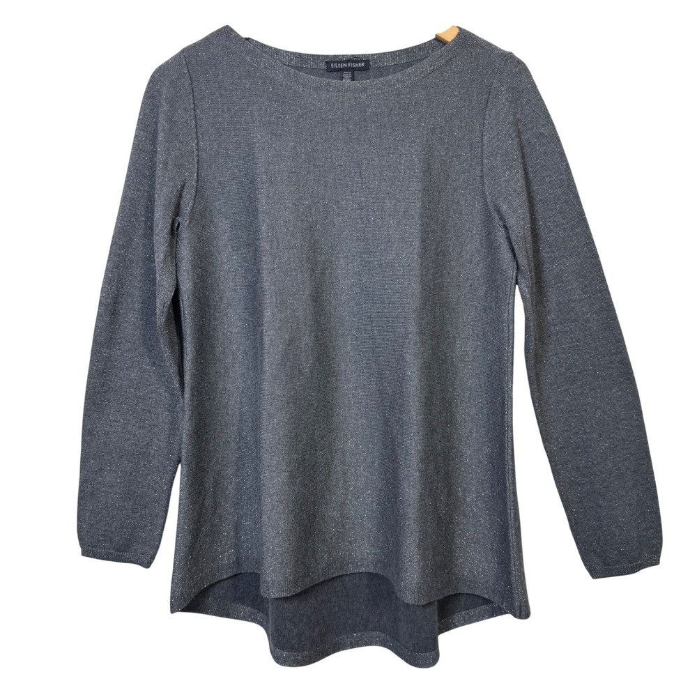 Eileen Fisher XS Boat Neck Long Sleeve Tunic Top‎ Gray Metallic Hi Lo Hem